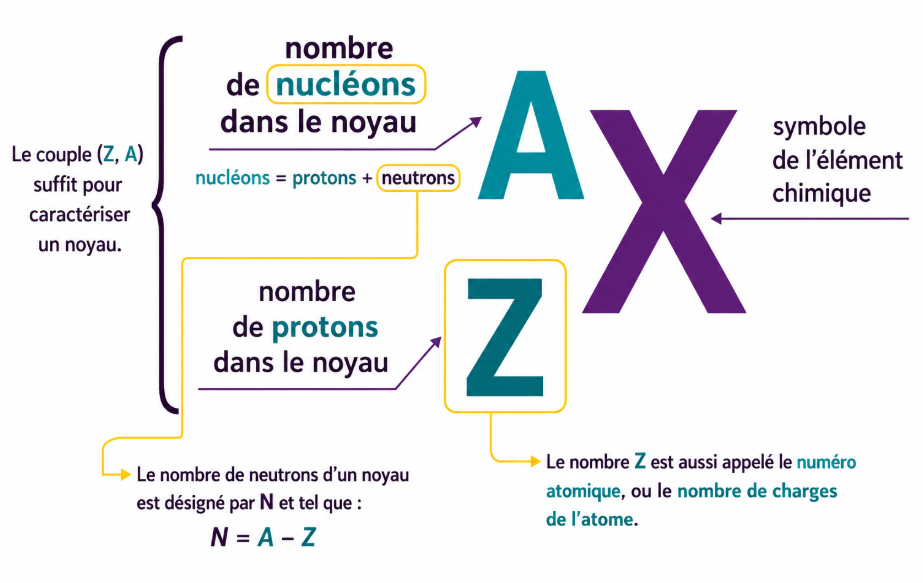 Notation symbolique d'un atome avec A, Z et X