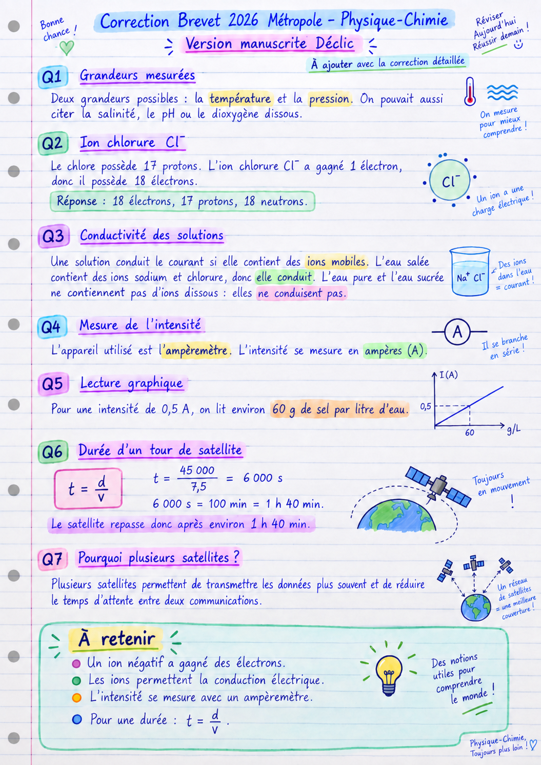 Correction manuscrite du Brevet 2026 Métropole en Physique-Chimie
